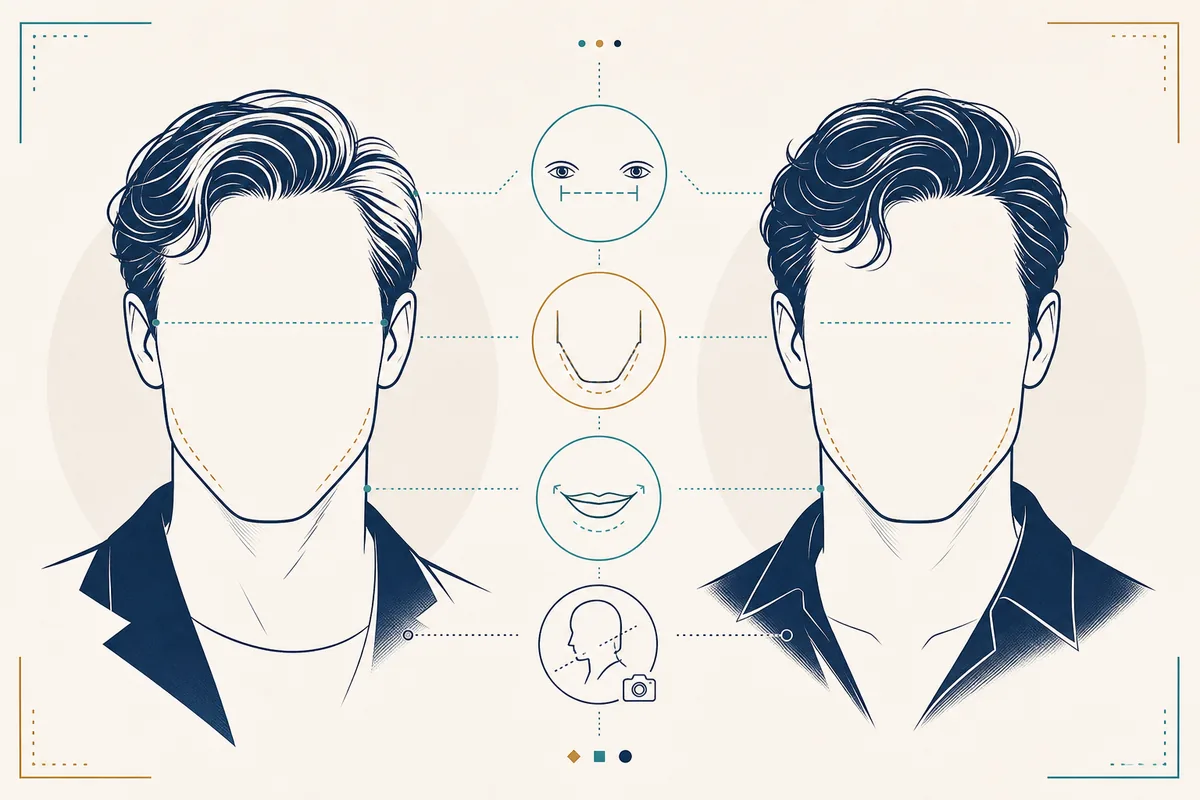 Editorial comparison graphic showing actor look-alike clues such as eye spacing, jawline, smile, and camera angle