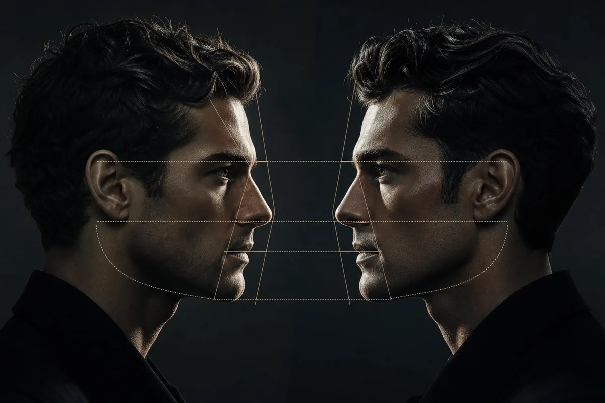Editorial illustration of two actor-style portrait silhouettes with shared facial-feature guide lines