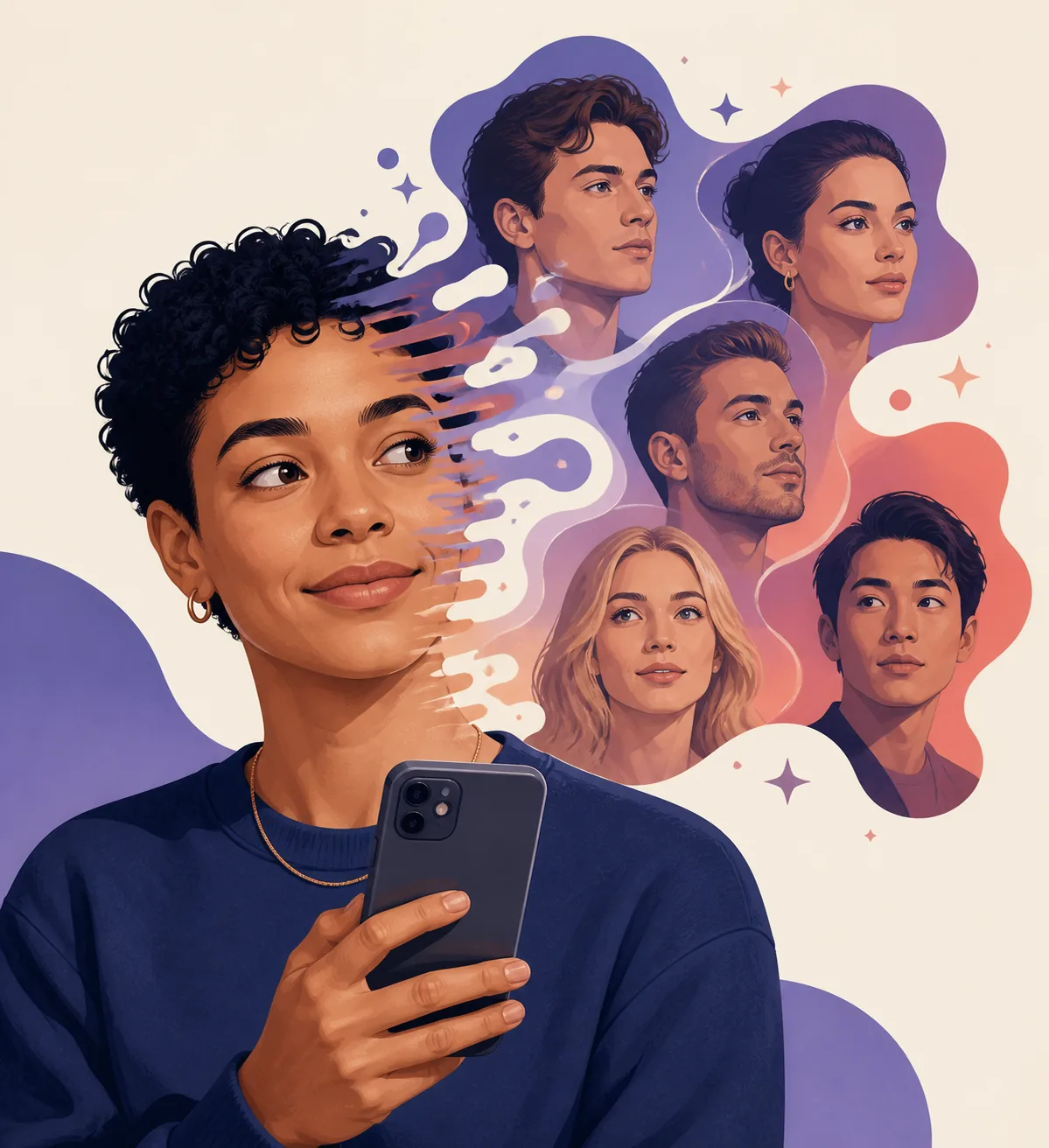 Editorial illustration of a phone celebrity look-alike filter effect
