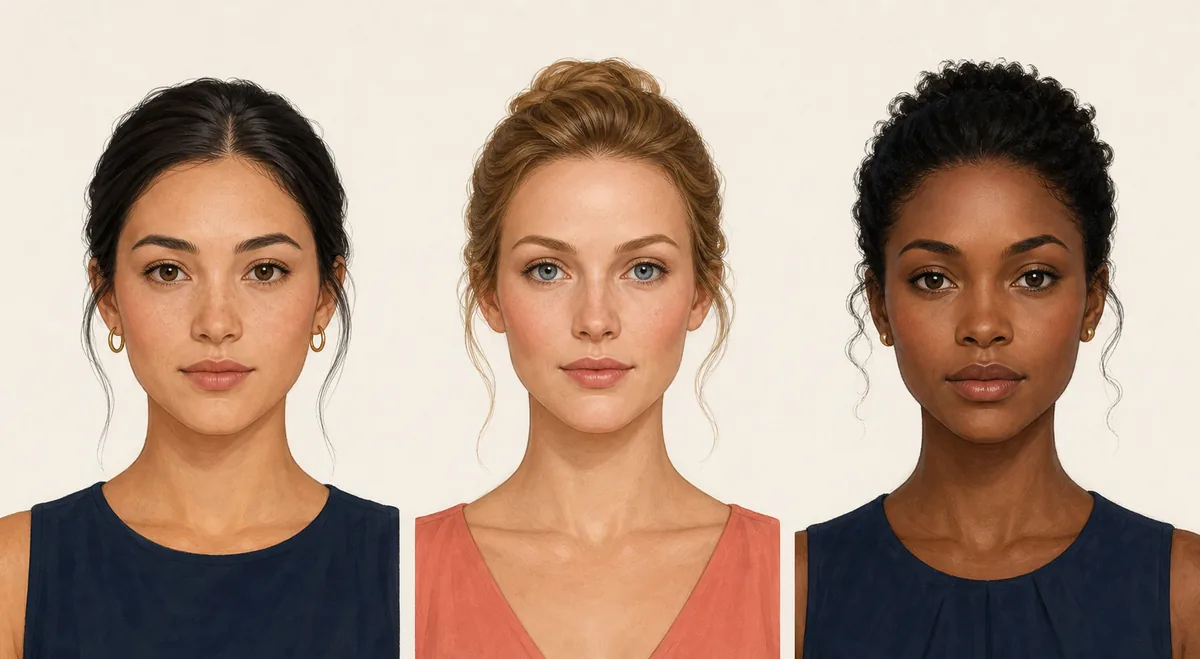 Fictional front-facing portraits comparing oval, heart, and diamond face shapes
