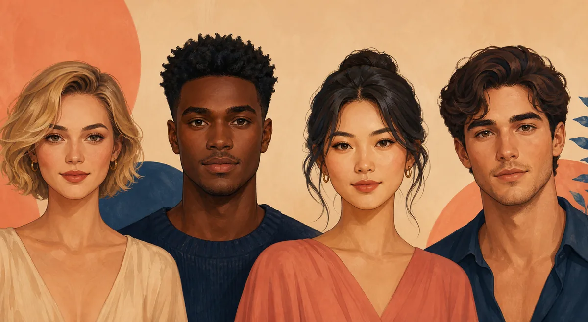 Editorial illustration of four fictional adults with heart-shaped facial proportions