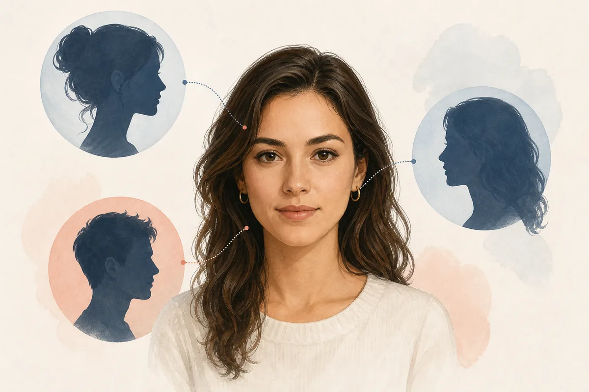 Editorial illustration of a person compared with several abstract celebrity profiles