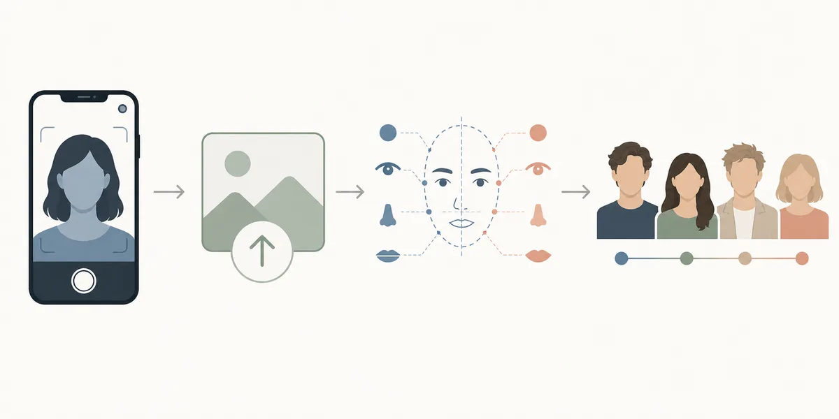 Editorial step flow from taking a portrait to uploading, comparing facial features, and viewing matches