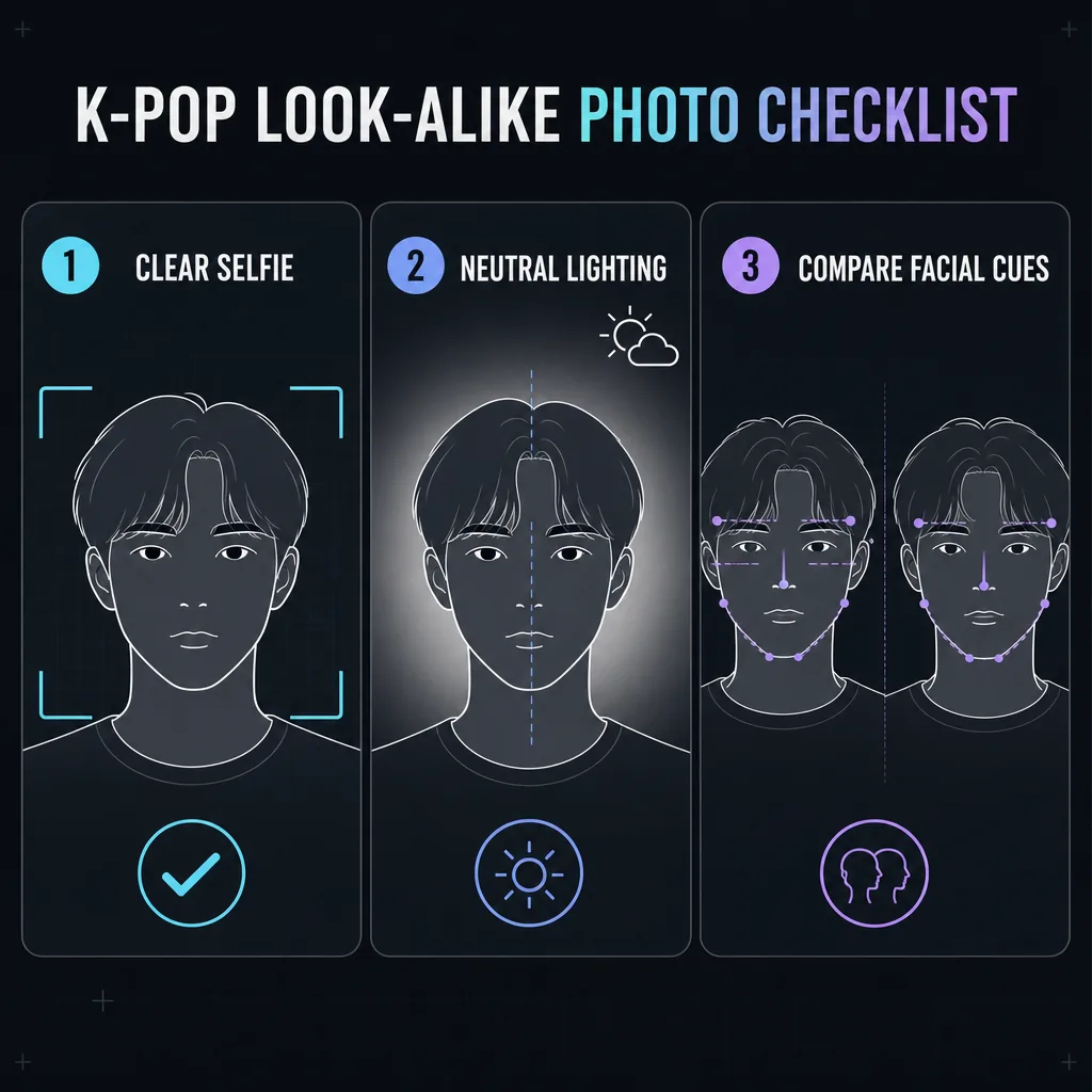 Three-panel selfie checklist for testing a K-pop look alike result