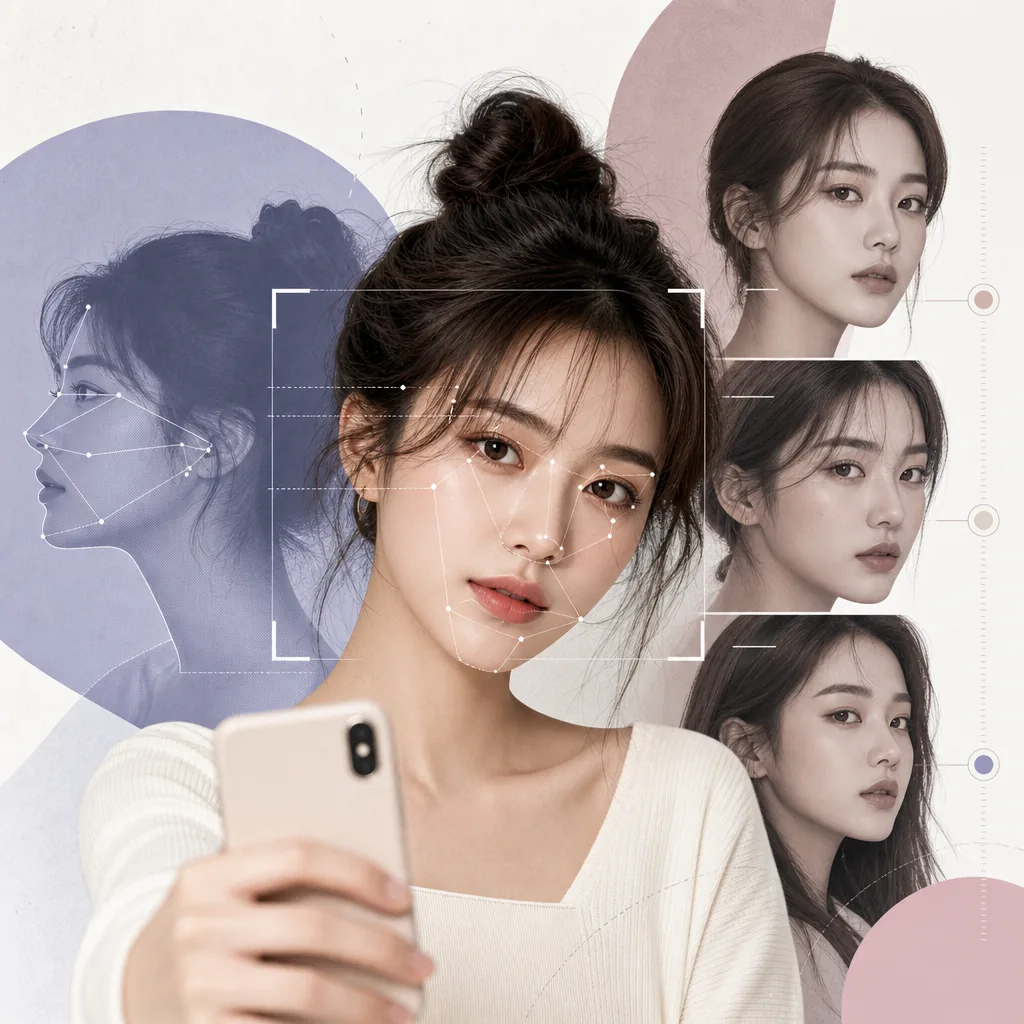 Editorial portrait comparison diagram for a K-pop look alike photo match
