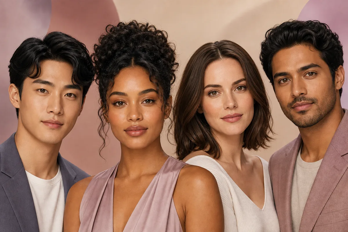 Editorial portraits of four fictional adults with balanced oval facial proportions