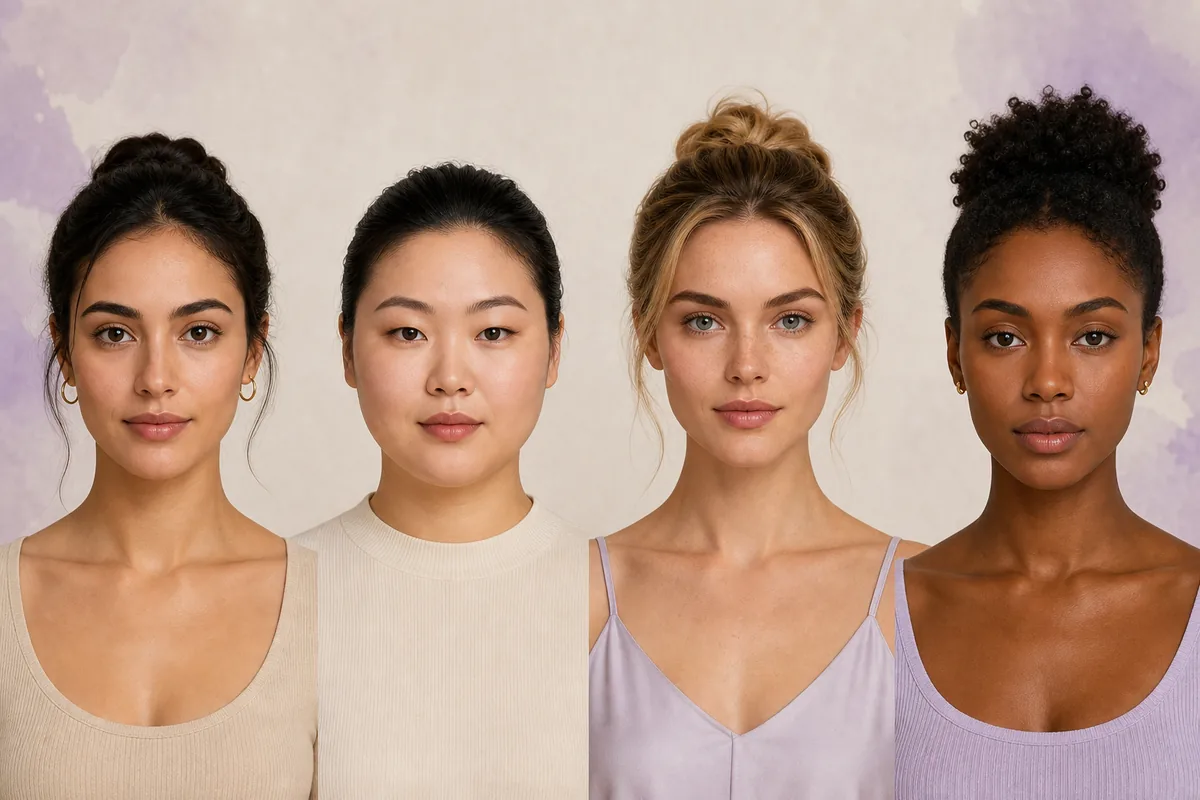 Fictional front-facing portraits comparing oval, round, heart, and diamond face proportions