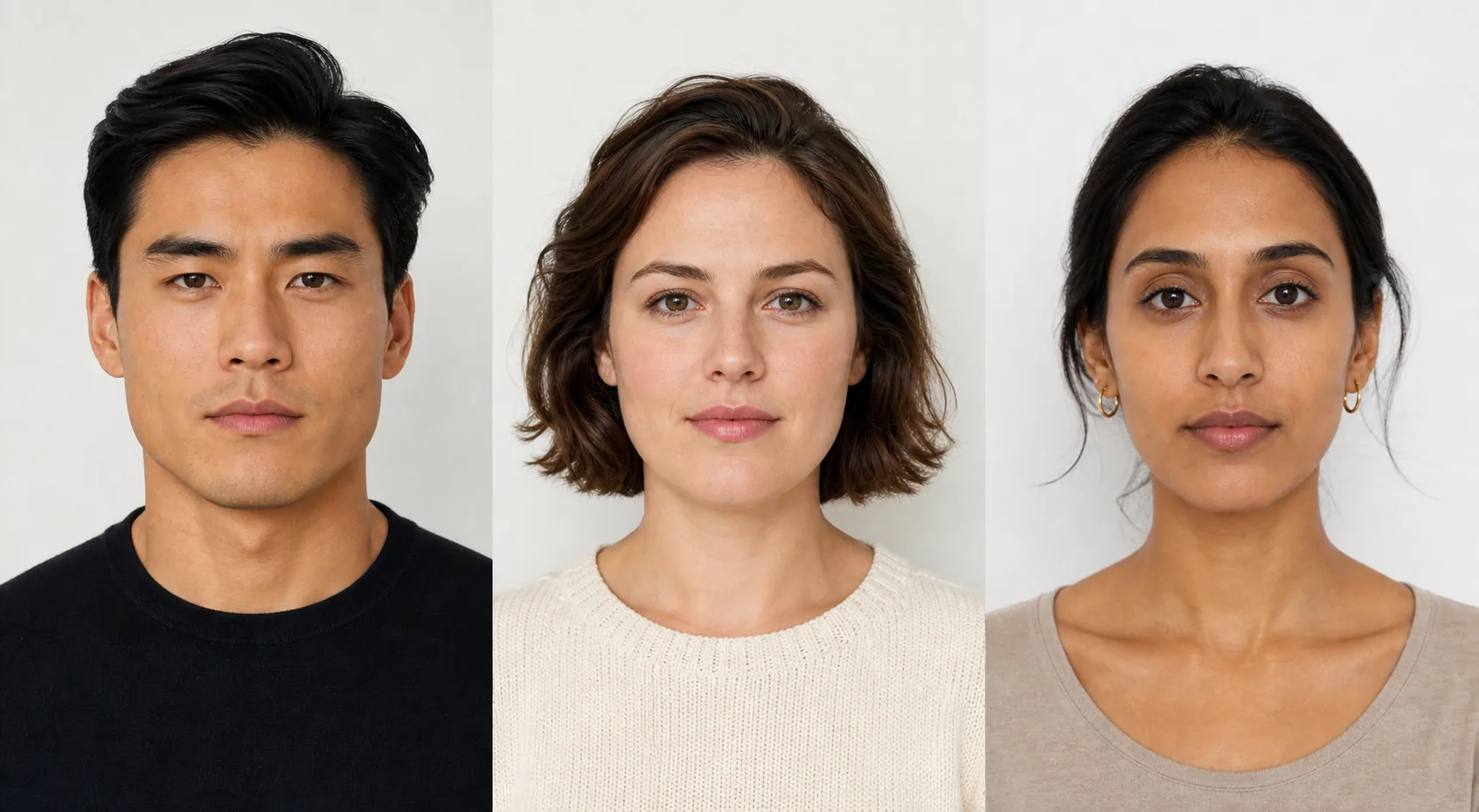 Front-facing portrait comparison of angular square, soft square, and longer oval face outlines